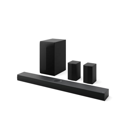 LG S70TR.AEUSLLK black 500W soundbar with sleek design, audio connectors, and control buttons for enhanced home audio experience