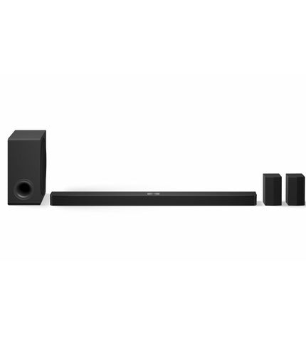 LG Soundbar S90TR.DEUSLLK in black with 670W power, showcasing sleek design and multiple audio input ports.