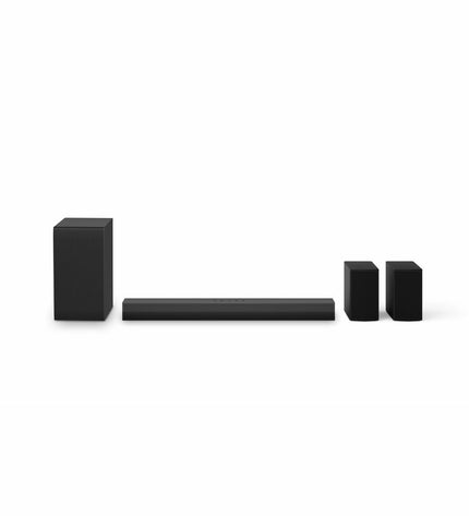 LG Soundbar S40TR.DEUSLLK in black with 400W power, featuring sleek design and multiple audio ports for enhanced home entertainment.