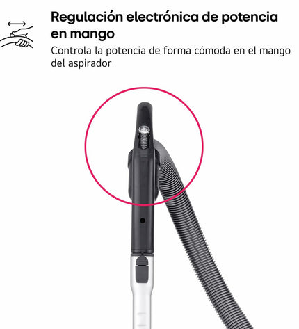 LG VC5506NHTB 650W vacuum cleaner with a sleek design, shown upright with a flexible hose and dustbin in view.