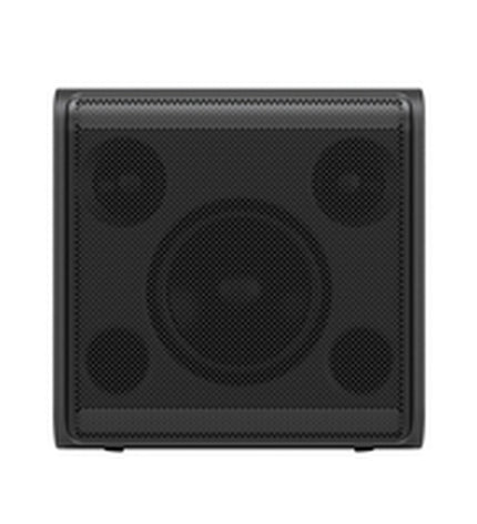 LG STAGE 301 120W black speakers for audio and hi-fi, showing sleek black design and front grille with control knobs.
