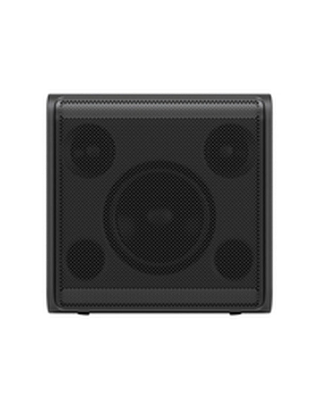 LG STAGE 301 120W black speakers for audio and hi-fi, showing sleek black design and front grille with control knobs.