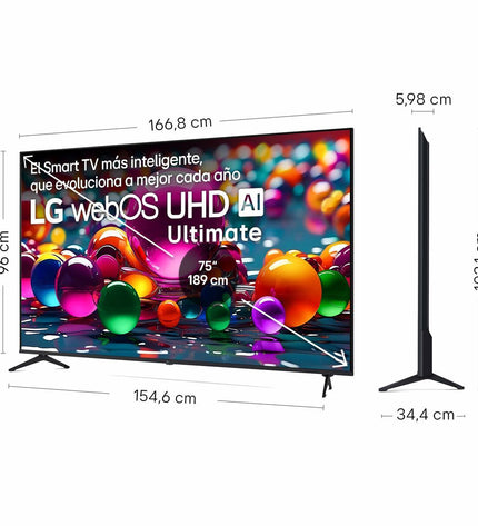 LG 75UA75006LA 4K Ultra HD LED Smart TV with slim black bezel and screen displaying vibrant colorful images.
