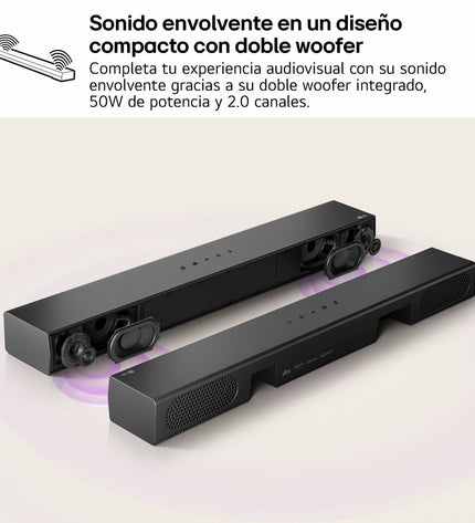 LG S20A soundbar for audio and hi-fi setup, with sleek black design and multiple connection ports visible.