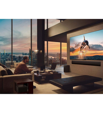 LG OLED83M59LA Smart TV displaying vibrant images on a sleek black screen, ideal for home cinema and entertainment.