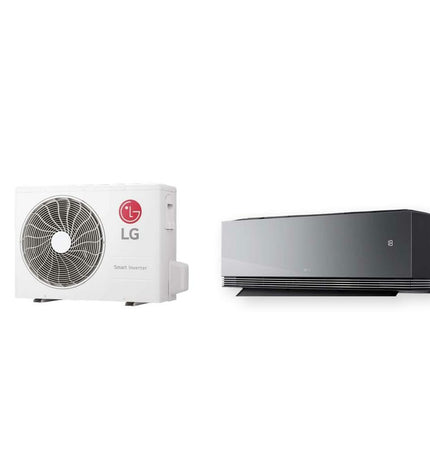 LG Mirror12X split air conditioner for home cooling, portable unit with sleek design and digital controls.
