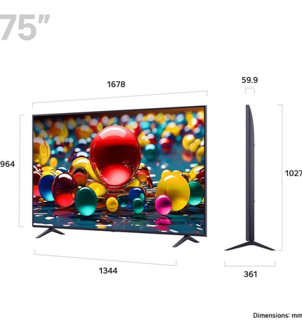 LG 75-inch 4K Ultra HD LED Smart TV displaying vibrant home theater visuals, with sleek black frame and slim design.