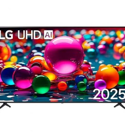 LG 75-inch 4K Ultra HD LED Smart TV showing a vibrant screen with colorful images and sleek black bezel.