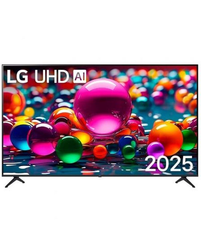 LG 75-inch 4K Ultra HD LED Smart TV showing a vibrant screen with colorful images and sleek black bezel.