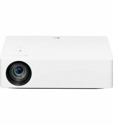 LG HU70LS 4K Ultra HD projector displaying a vibrant home theater scene with bright, clear visuals in a modern living room.