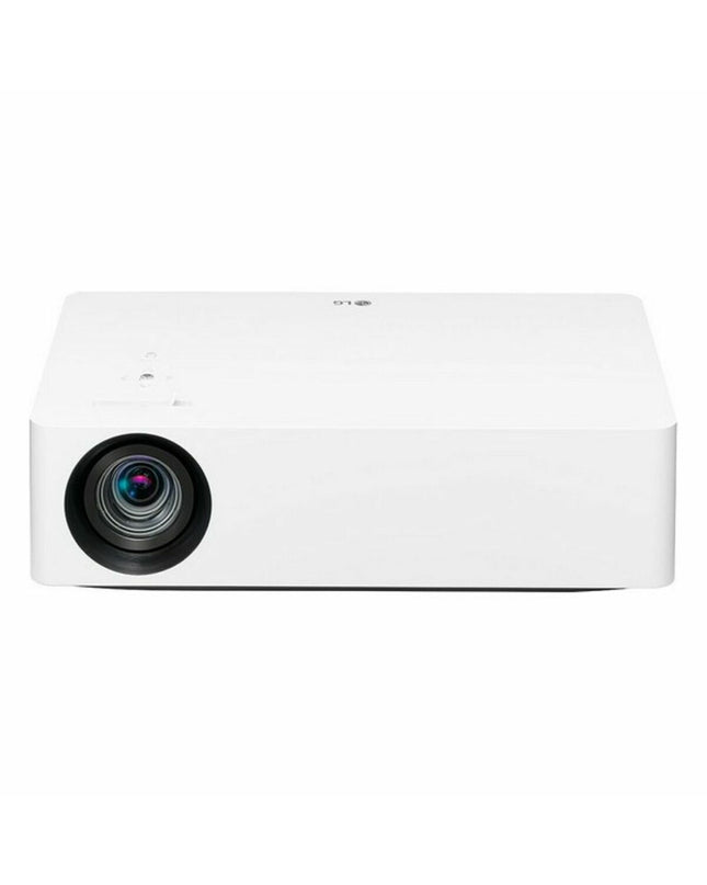 LG HU70LS 4K Ultra HD projector displaying a vibrant home theater scene with bright, clear visuals in a modern living room.