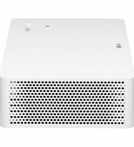 LG HU70LS 4K Ultra HD projector with sleek design, illuminated lens, and control buttons for home theater setup.