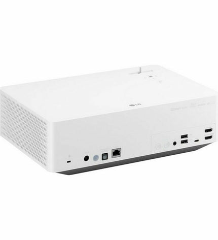 LG HU70LS 4K Ultra HD projector with 1500 lumens, compact electronic home theater device, shown with lens and sleek design.