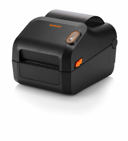 Bixolon XD3-40DEK label printer for office use, featuring compact design and front-loading paper in a modern workspace setting.