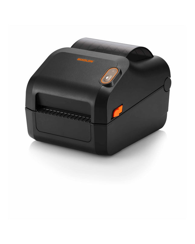 Bixolon XD3-40DEK label printer for office use, featuring compact design and front-loading paper in a modern workspace setting.