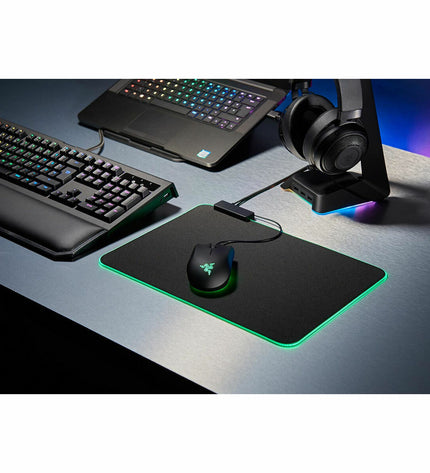 Razer RZ02-02500300-R3M1 gaming mouse mat with RGB lighting, black color, USB cable, designed for gaming and electronic use.