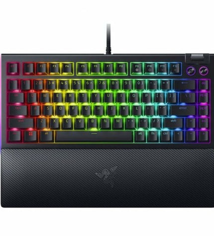 Razer BlackWidow V4 gaming headset with built-in microphone, black design, connected to a gaming console or computer.
