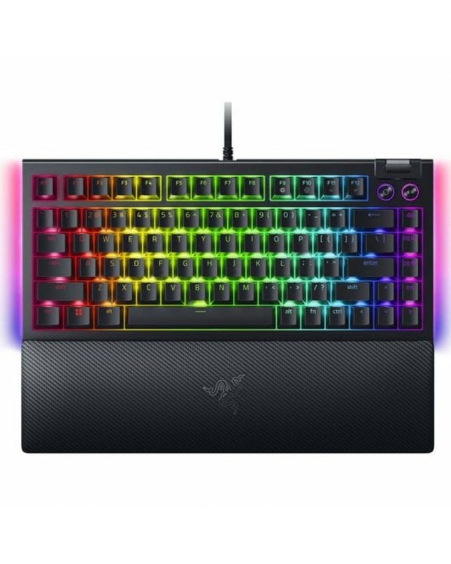 Razer BlackWidow V4 gaming headset with built-in microphone, black design, connected to a gaming console or computer.