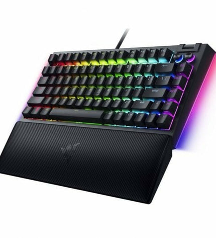 Razer BlackWidow V4 gaming headset with microphone, black and sleek design, connected to a gaming console.