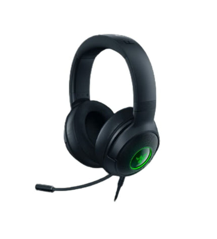 Razer gaming headset with microphone, black design, connected to a gaming console, featuring adjustable ear cups and inline controls.