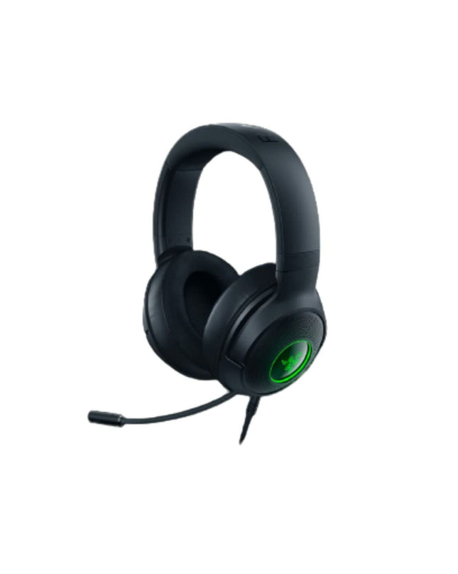 Razer gaming headset with microphone, black design, connected to a gaming console, featuring adjustable ear cups and inline controls.