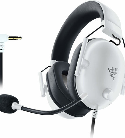 Razer BlackShark V2 X white gaming headset with adjustable headband and over-ear design for immersive gaming audio.