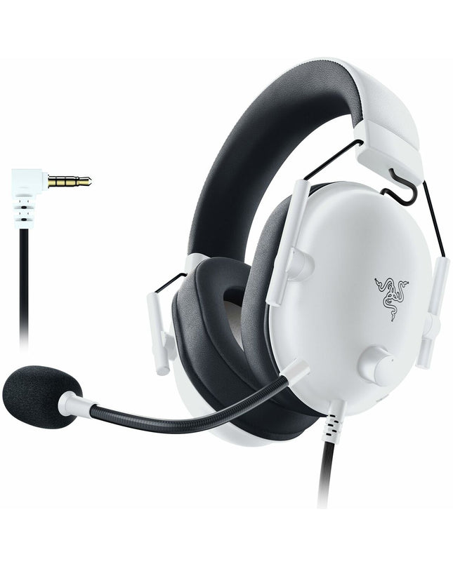 Razer BlackShark V2 X white gaming headset with adjustable headband and over-ear design for immersive gaming audio.