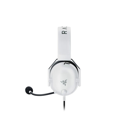 Razer BlackShark V2 X white gaming headset with headband, designed for plug-and-play use with consoles and electronic gaming.