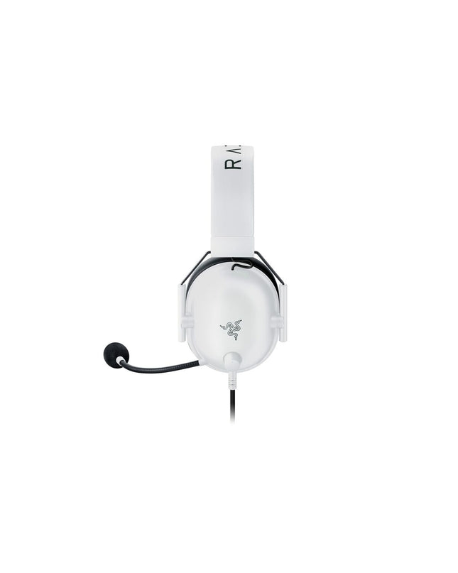 Razer BlackShark V2 X white gaming headset with headband, designed for plug-and-play use with consoles and electronic gaming.