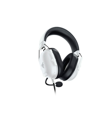White Razer BlackShark V2 X gaming headset with adjustable headband and plush ear cushions, designed for immersive audio.