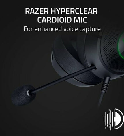 Razer gaming headset with microphone, black over-ear design, connected to a gaming console for immersive audio and communication.