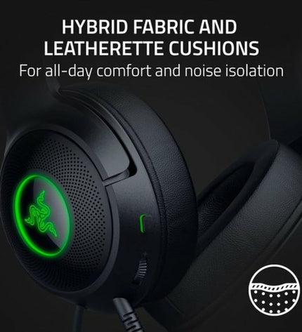 Razer gaming headset with microphone for plug-and-play consoles, featuring over-ear design and adjustable headband.