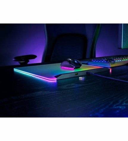 Razer Firefly V2 Pro gaming mouse pad with LED lighting, featuring a smooth surface and customizable illumination for gaming setups.