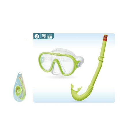 Yellow and green Intex kids snorkel mask and snorkel set for water sports, featuring a mask and breathing tube in bright colors.
