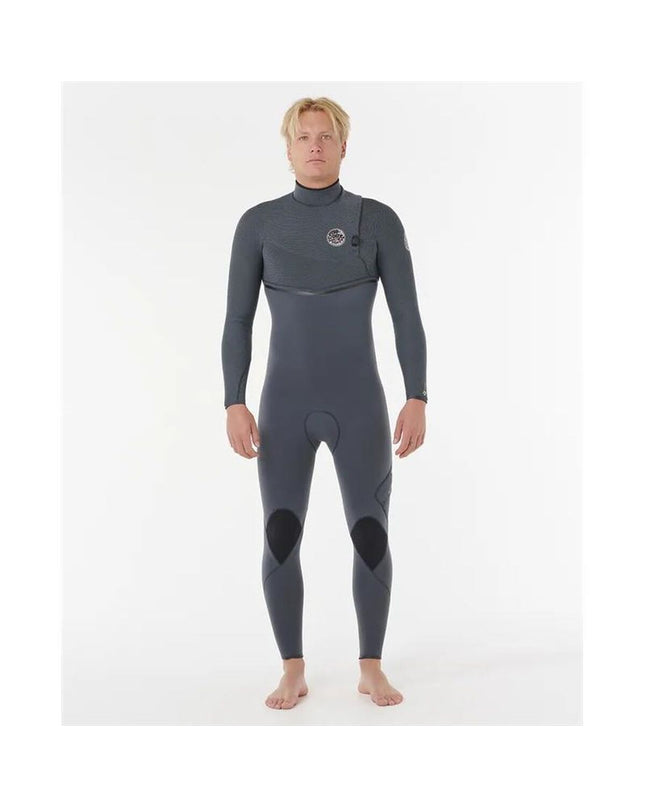 Rip Curl E-Bomb ZF 32 neoprene wetsuit in gray, designed for watersport and outdoor activities, showing the wetsuit's material and fit.