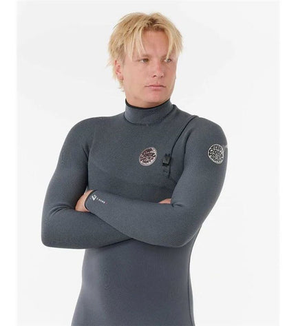 Gray Rip Curl E-Bomb ZF 3/2 neoprene wetsuit for water sports, showing the front view with textured neoprene material.