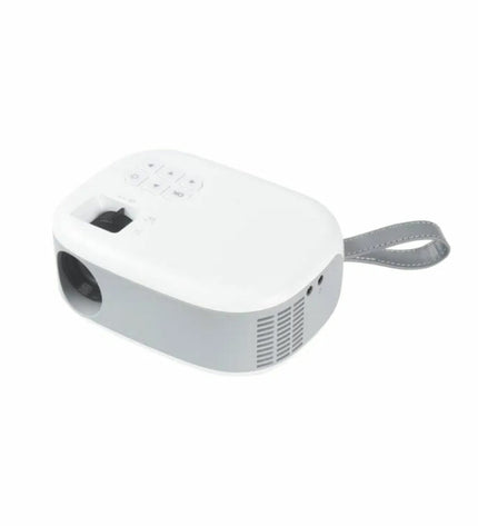 Full HD STRONG N1 projector showing a bright image on a white screen, compact electronic device for home cinema and video entertainment.