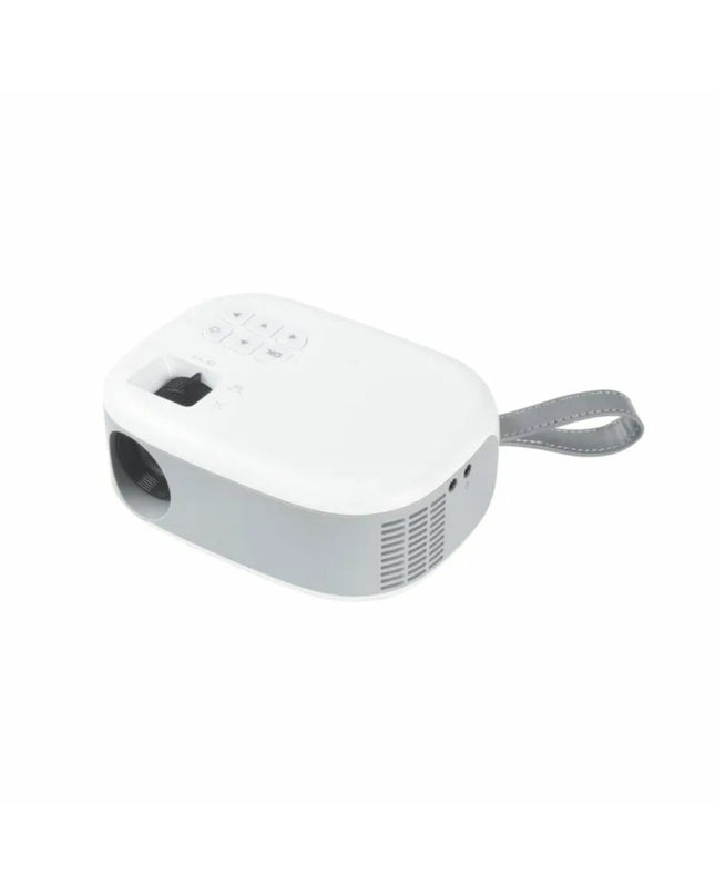 Full HD STRONG N1 projector showing a bright image on a white screen, compact electronic device for home cinema and video entertainment.