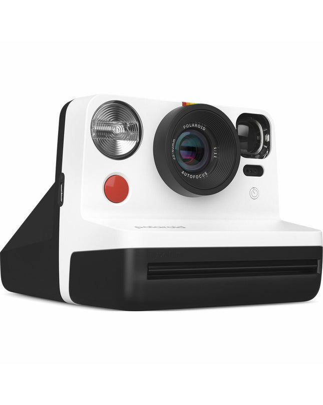 Polaroid instant camera in black with lens, viewfinder, and shutter button, compact electronic photography device.