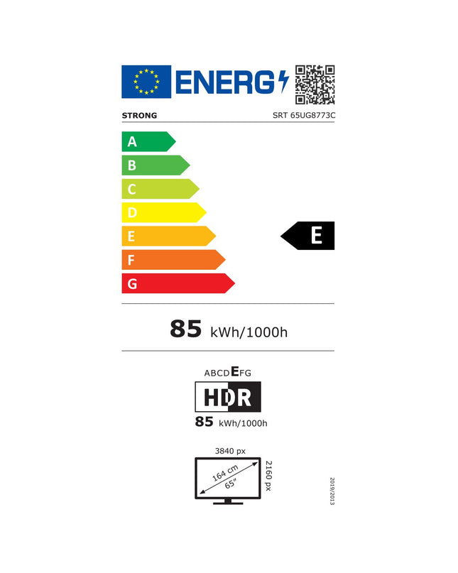 Strong SRT65UG8773C 65-inch 4K Ultra HD HDR QLED Smart TV showing a vibrant picture with slim black bezel and mounted on a wall.