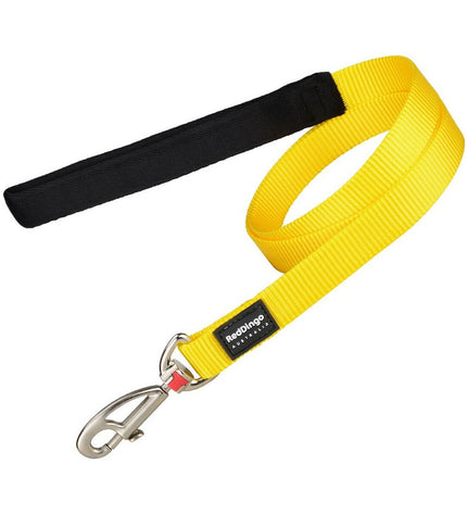 Red Dingo yellow dog leash, 2.5 x 120 cm, durable nylon, shown in a close-up image with metal clasp and vibrant color.