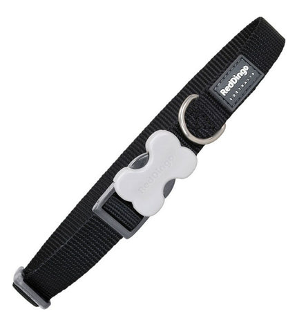 Red Dingo black dog collar with red accents, adjustable 2.5 x 41-63 cm, shown on a dog for comfortable fit and style.