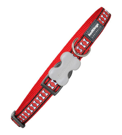 Red Dingo reflection dog collar in red with bone pattern, adjustable 2.5 x 41-63 cm, made for dogs, with reflective features.