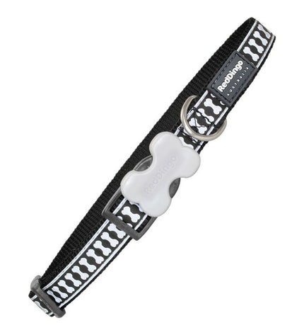 Red Dingo reflective black dog collar with red accents, adjustable 2.5 x 41-63 cm, featuring a sturdy buckle and reflective stitching.