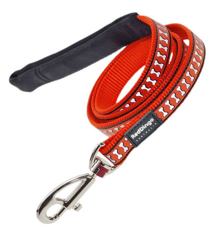 Red Dingo reflecterende oranje hondenriem, 1,2 x 120 cm, with padded handle and reflective stitching for visibility and safety.