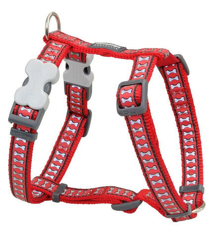 Red Dingo reflective dog harness in red, adjustable from 25-39 cm, featuring a padded design for comfort and safety.