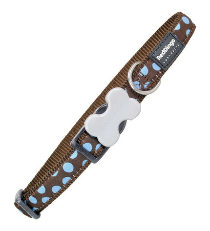 Red Dingo dog collar in blue with beauty spots, adjustable 1.2 x 20-32 cm, designed for stylish and comfortable pet wear.