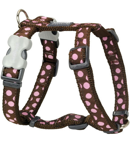 Red Dingo pink dog harness with beauty spot design, adjustable from 46 to 76 cm, for comfortable and stylish pet wear.