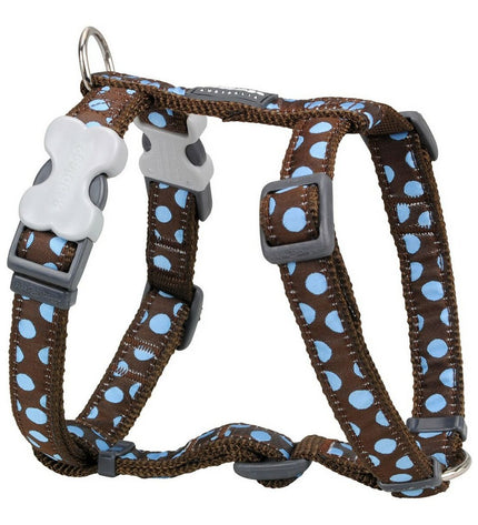 Red Dingo dog harness with beauty spot pattern, adjustable size from 46 to 76 cm, made for comfortable pet wear.