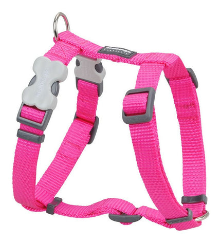 Red Dingo soft dog harness in fuchsia, adjustable for 46-76 cm neck size, shown on a dog in a natural setting.